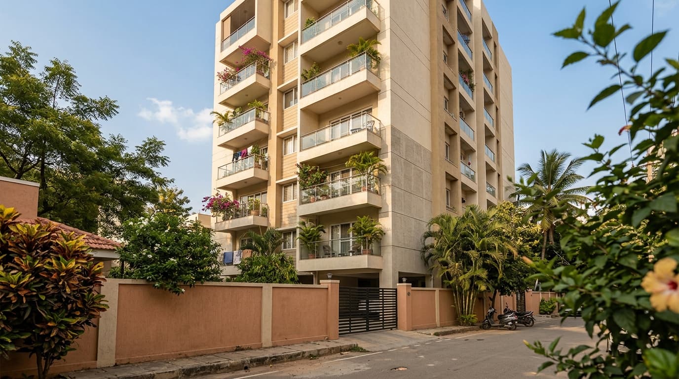 A residential apartment building with planted balconies, seen from the street outside its gate