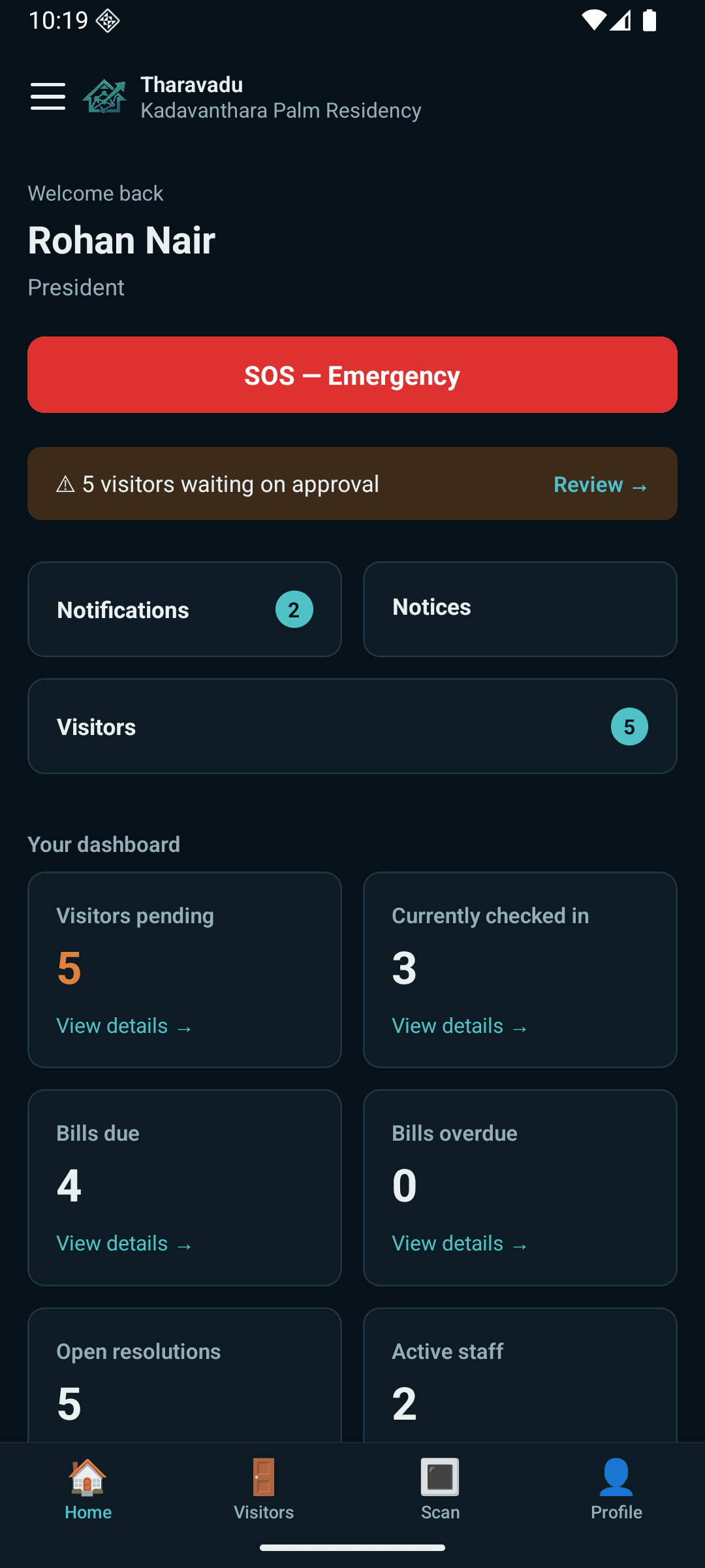 The Tharavadu mobile home screen showing pending visitors, bills due, open resolutions and active staff
