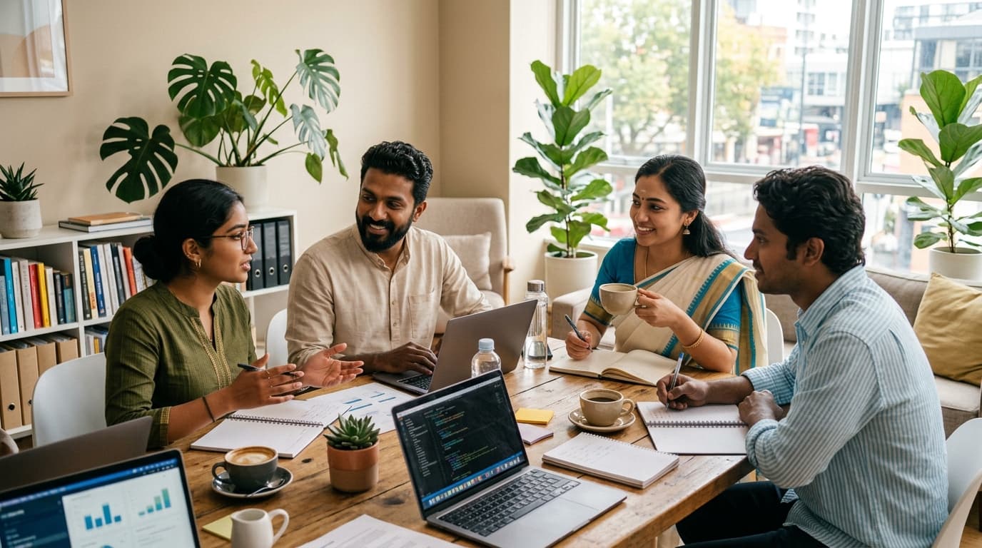 A small team gathered around a table, working together in a bright office space